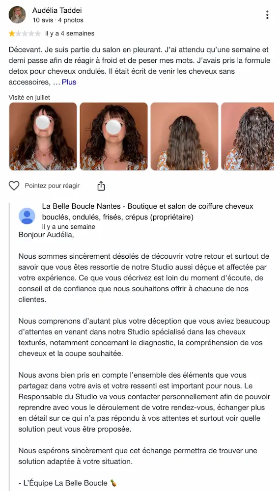 Réponse de La Belle Boucle à un avis négatif 