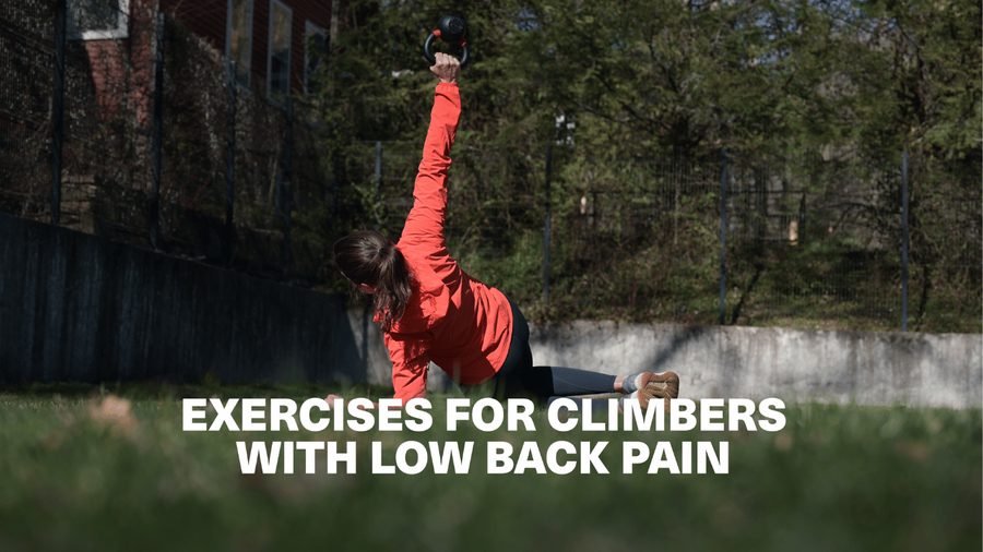 Climber doing a kneeling kettlebell press outdoors, from the article Exercises for Climbers with Low Back Pain