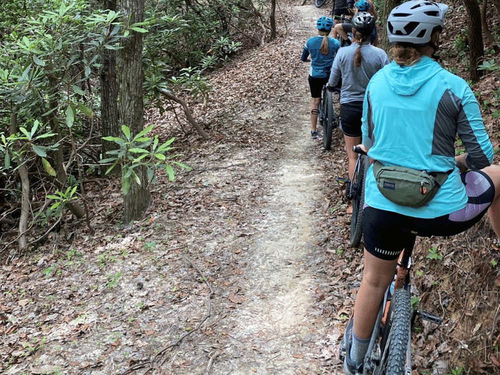 Group of mountain bikers in helmets riding single file on a wooded singletrack trail
