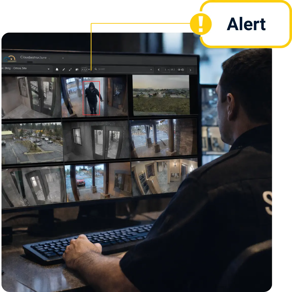 Cloudastructure AI-powered remote monitoring system detecting a security threat and alerting a remote guard