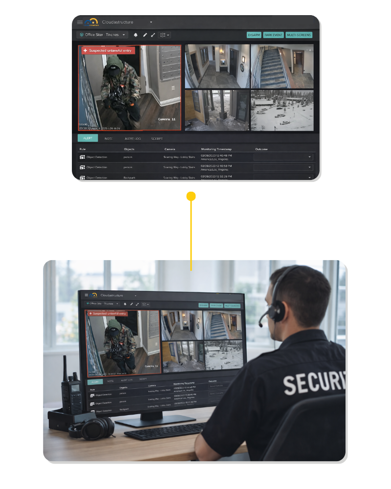 Remote security guard monitoring AI surveillance alerts in real time using cloud-based video security software.