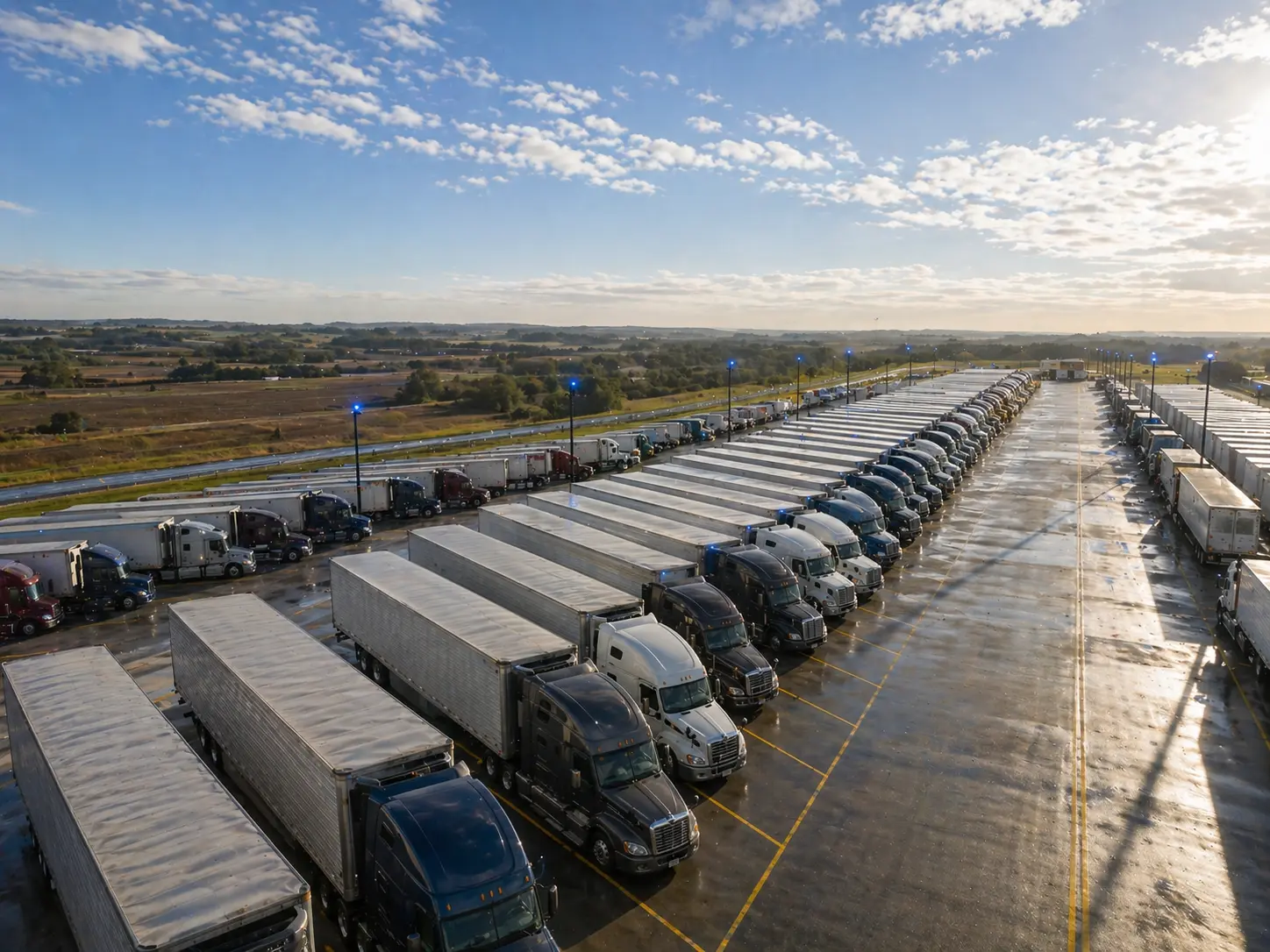 US interstate freight corridor at golden hour — semi-trucks in motion through open American landscape