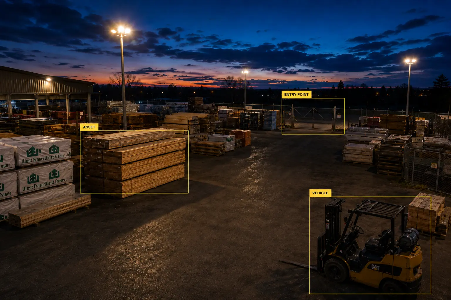 AI surveillance monitoring a lumber and building materials yard