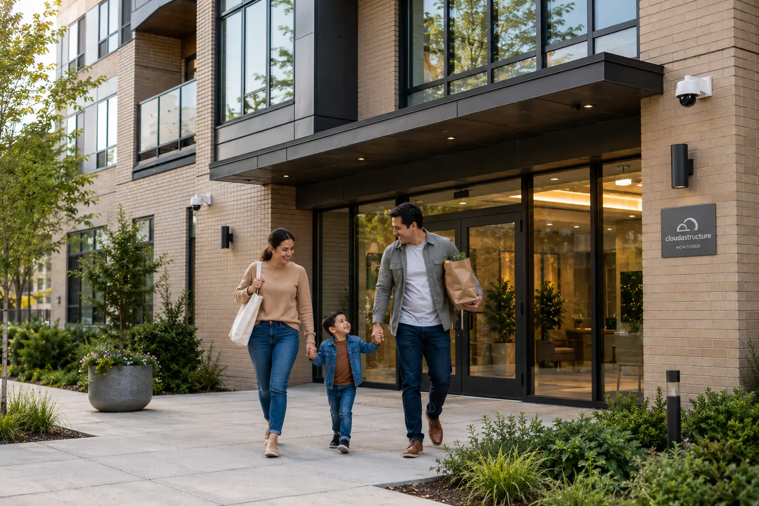 Family arriving home safely at a Cloudastructure-protected apartment community