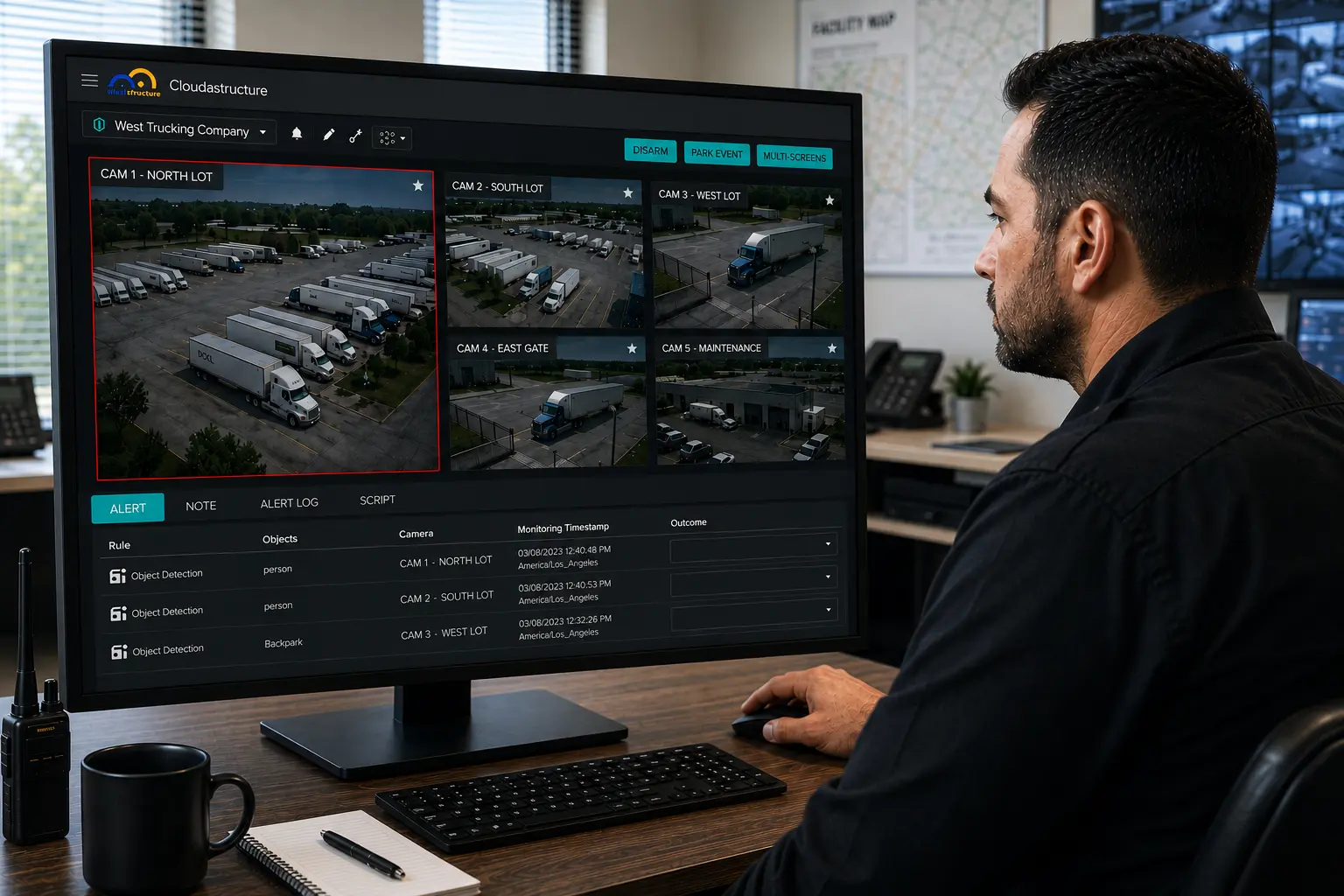 Cloudastructure security guard monitoring truck yard cameras