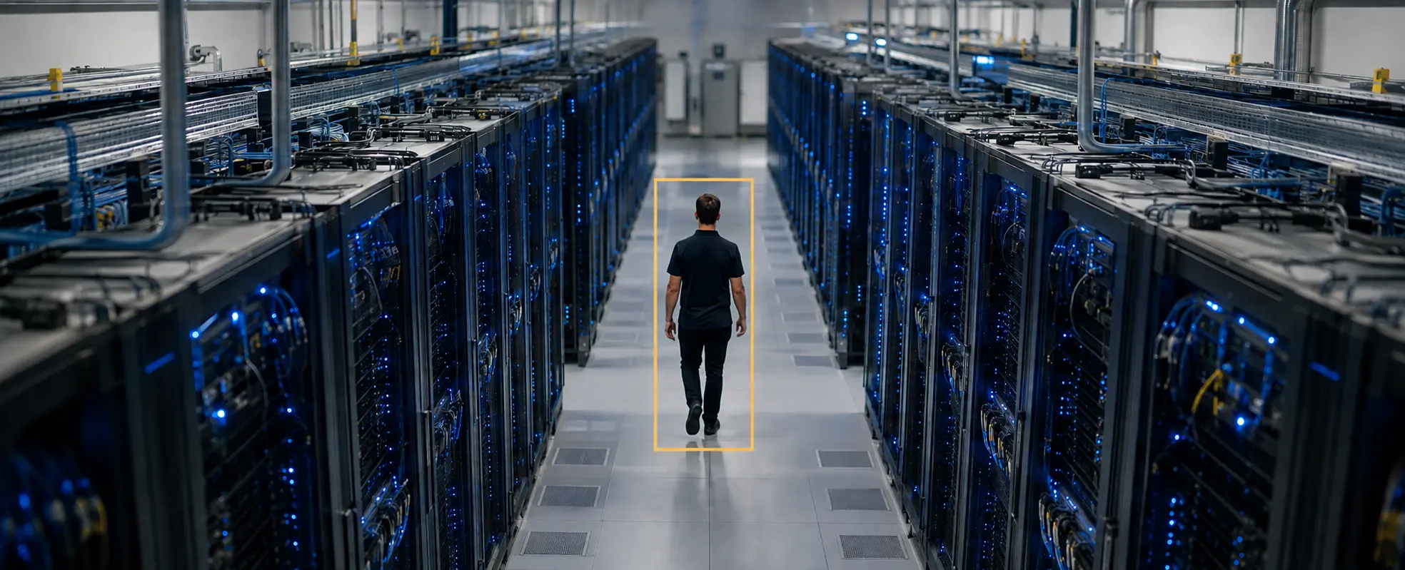 Data center server aisle with AI detection monitoring