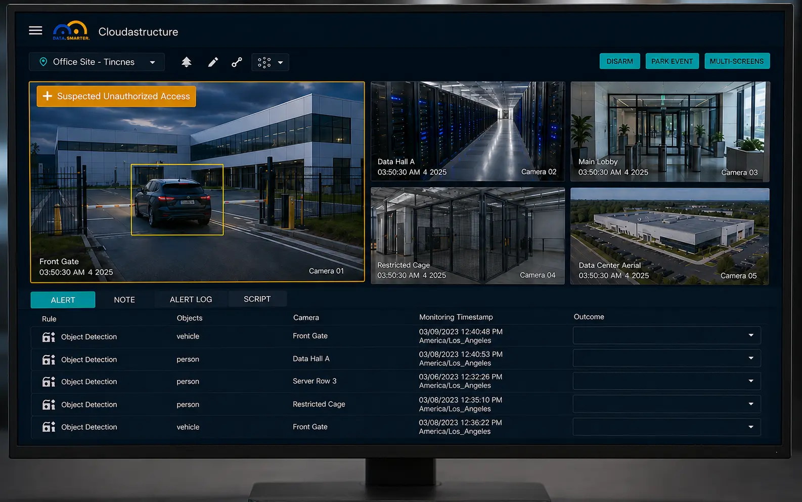 Cloudastructure dashboard showing data center camera feeds and alert log