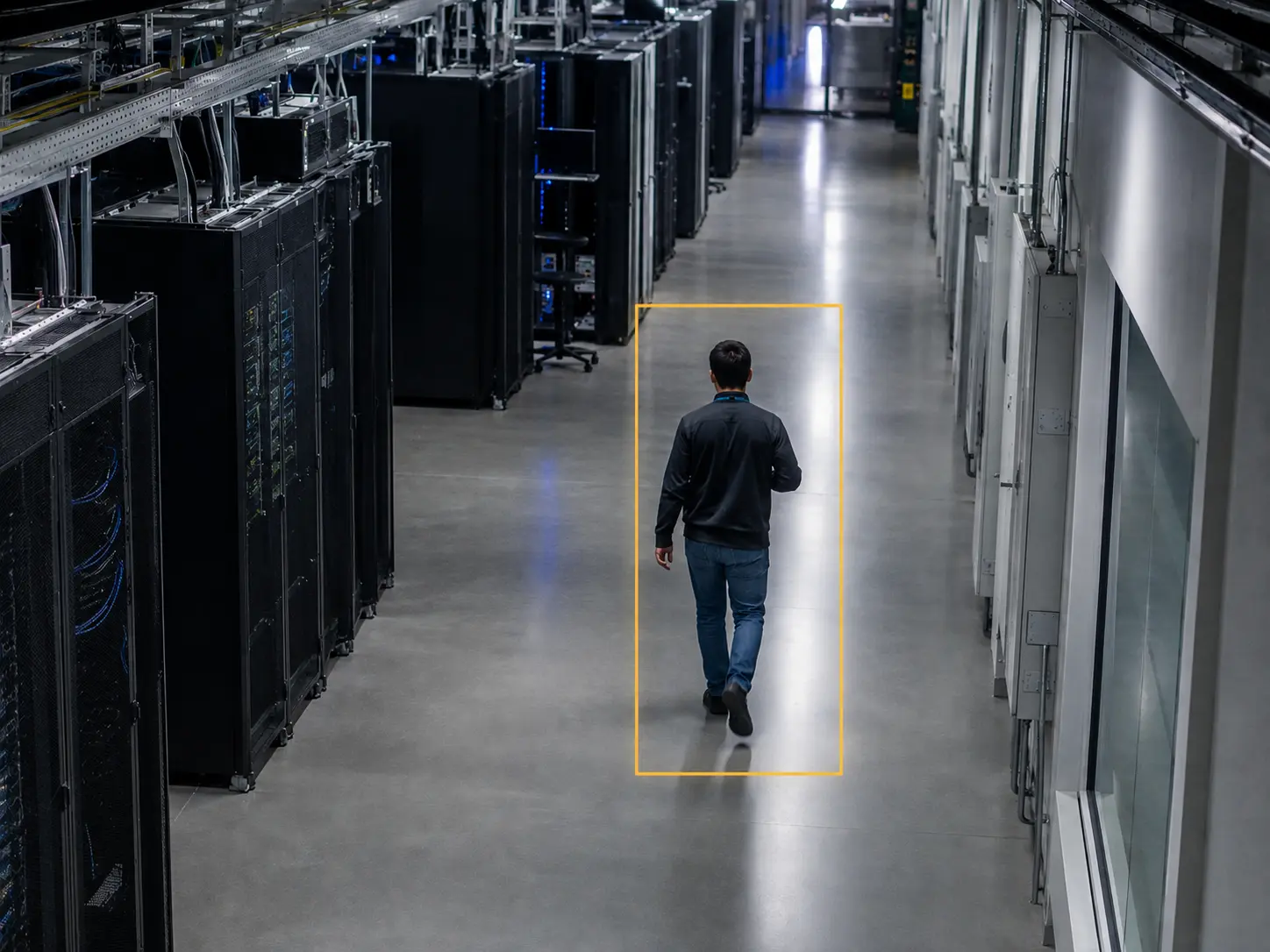 AI detection flagging a person in a data center corridor