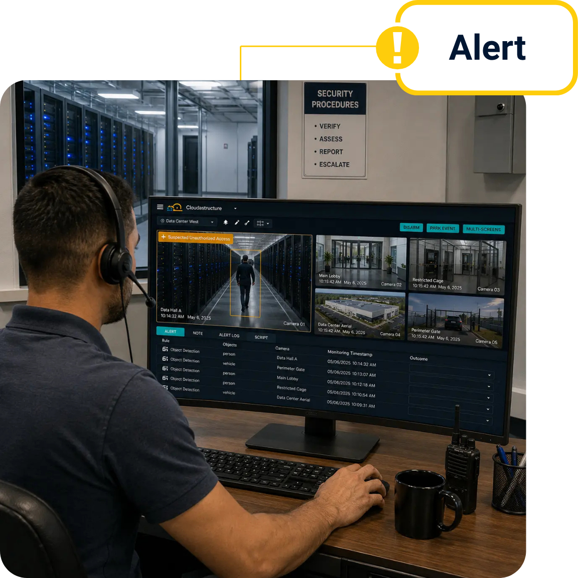 Cloudastructure security operator monitoring data center camera feeds on-site