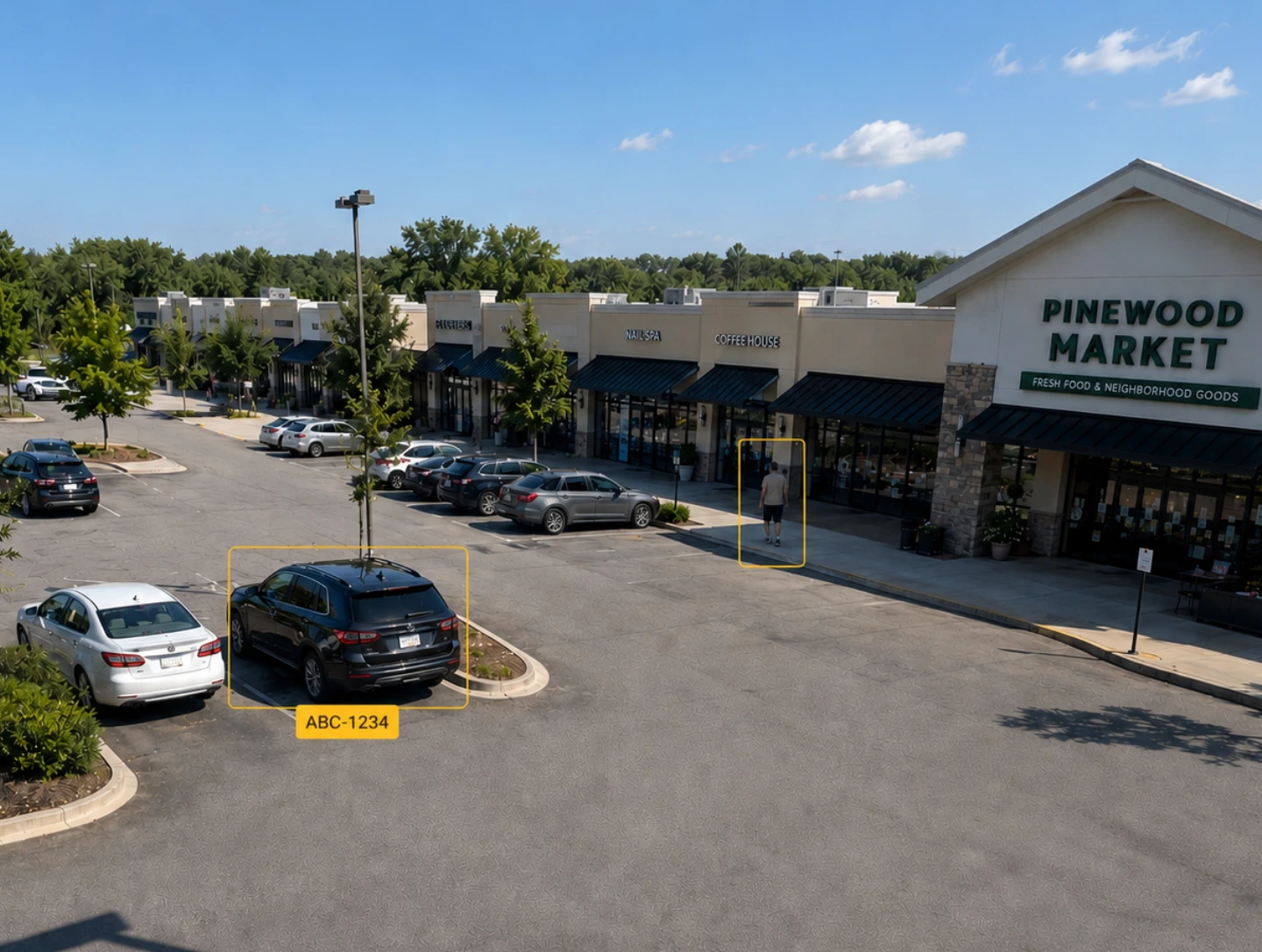 Cloudastructure AI surveillance — open-air shopping center parking lot and storefront monitoring with license plate detection