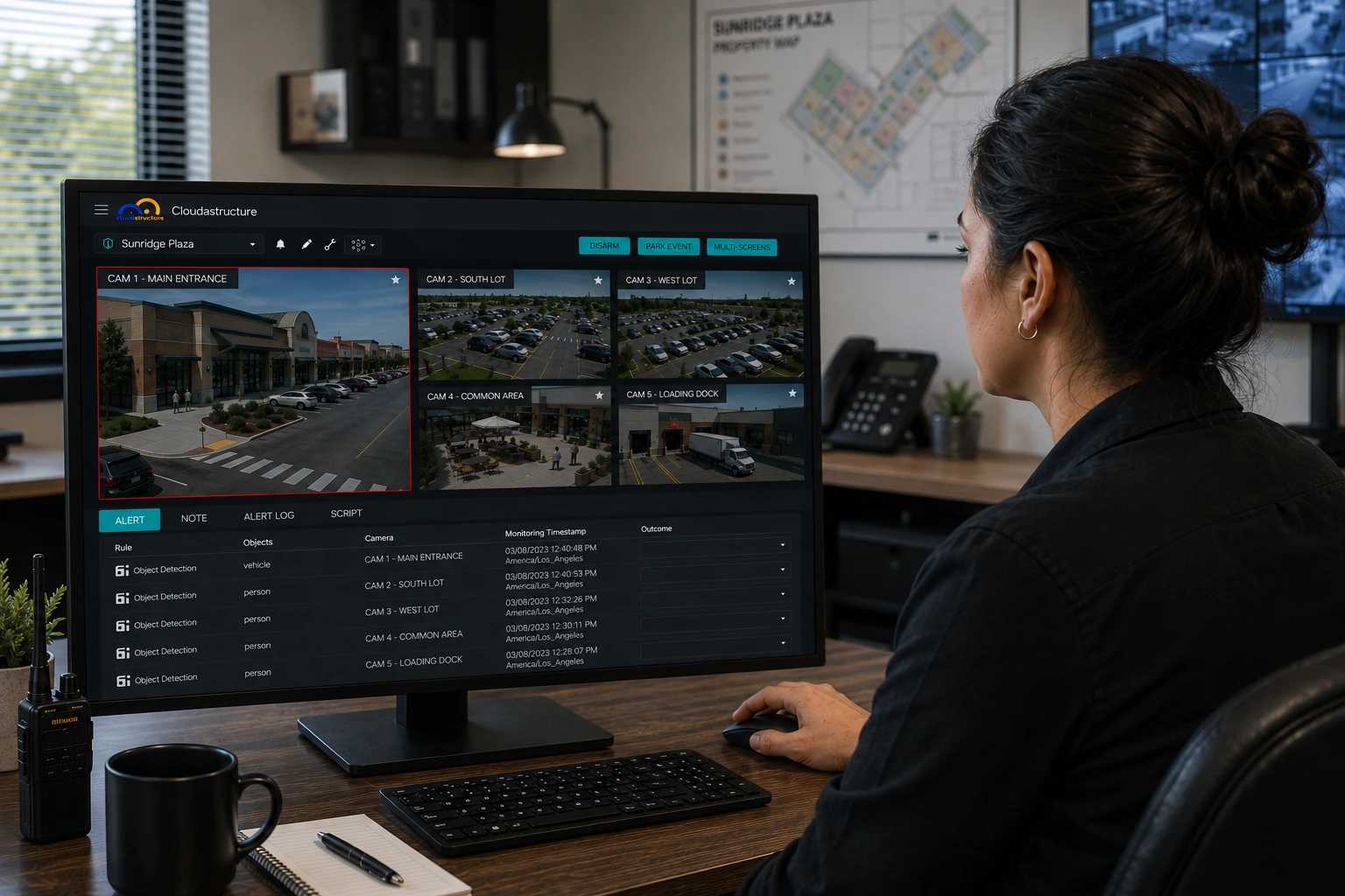 Cloudastructure security guard monitoring shopping center cameras