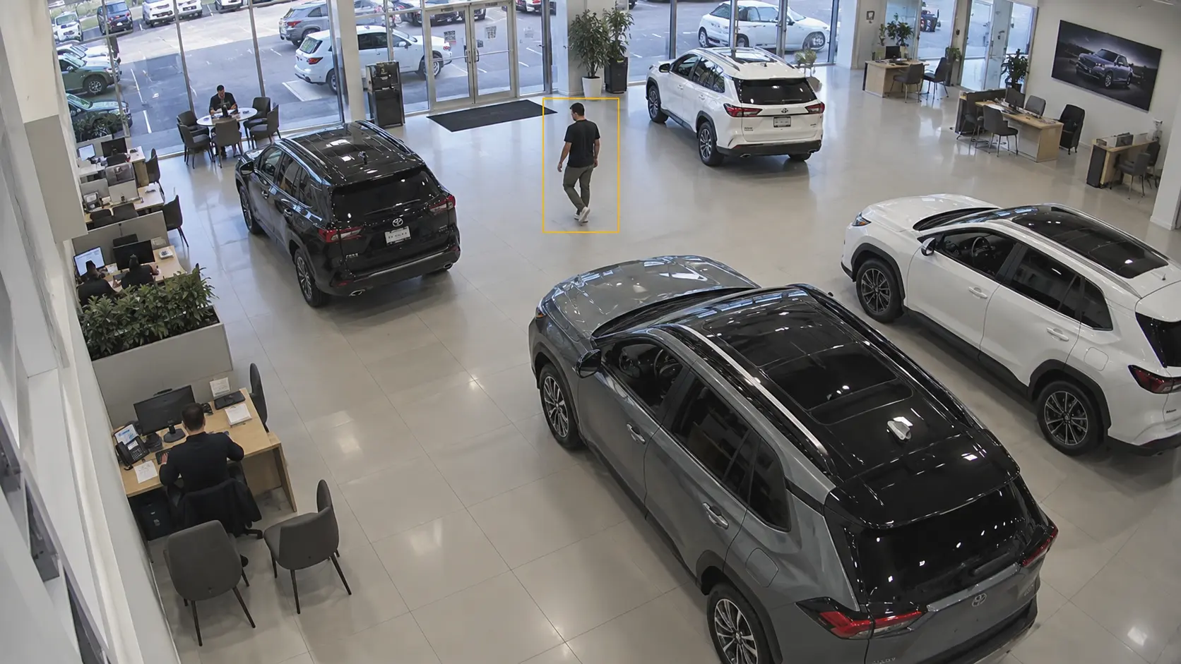 Cloudastructure AI surveillance — auto dealership showroom and customer area monitoring