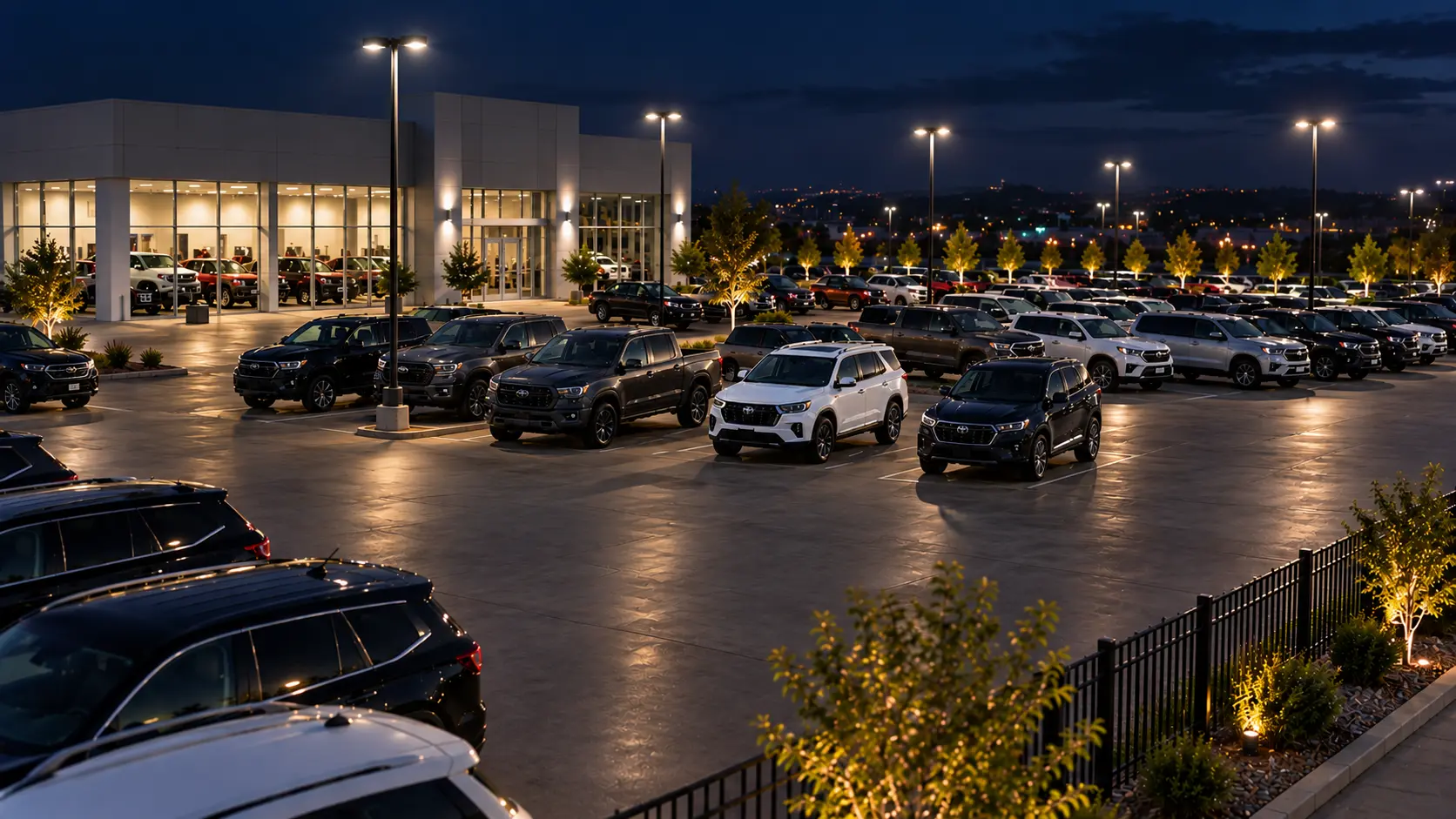 Cloudastructure AI surveillance — auto dealership lot at night with AI vehicle detection