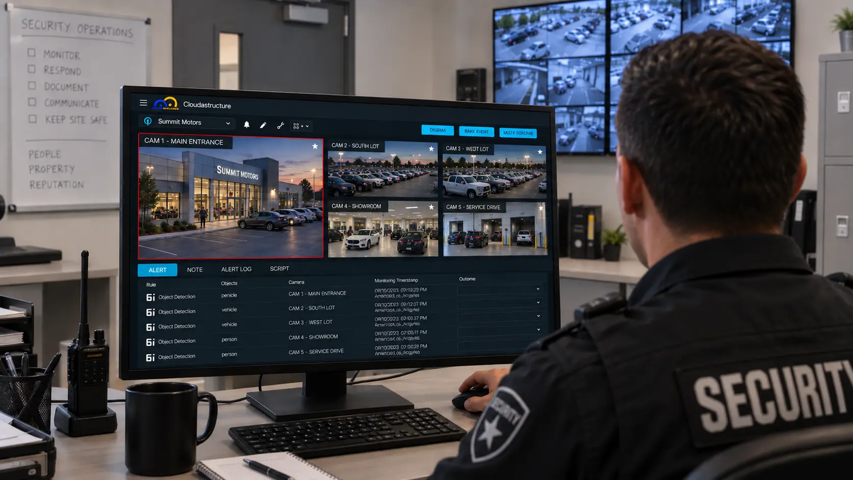Cloudastructure operator console showing a dealership camera grid with an active alert