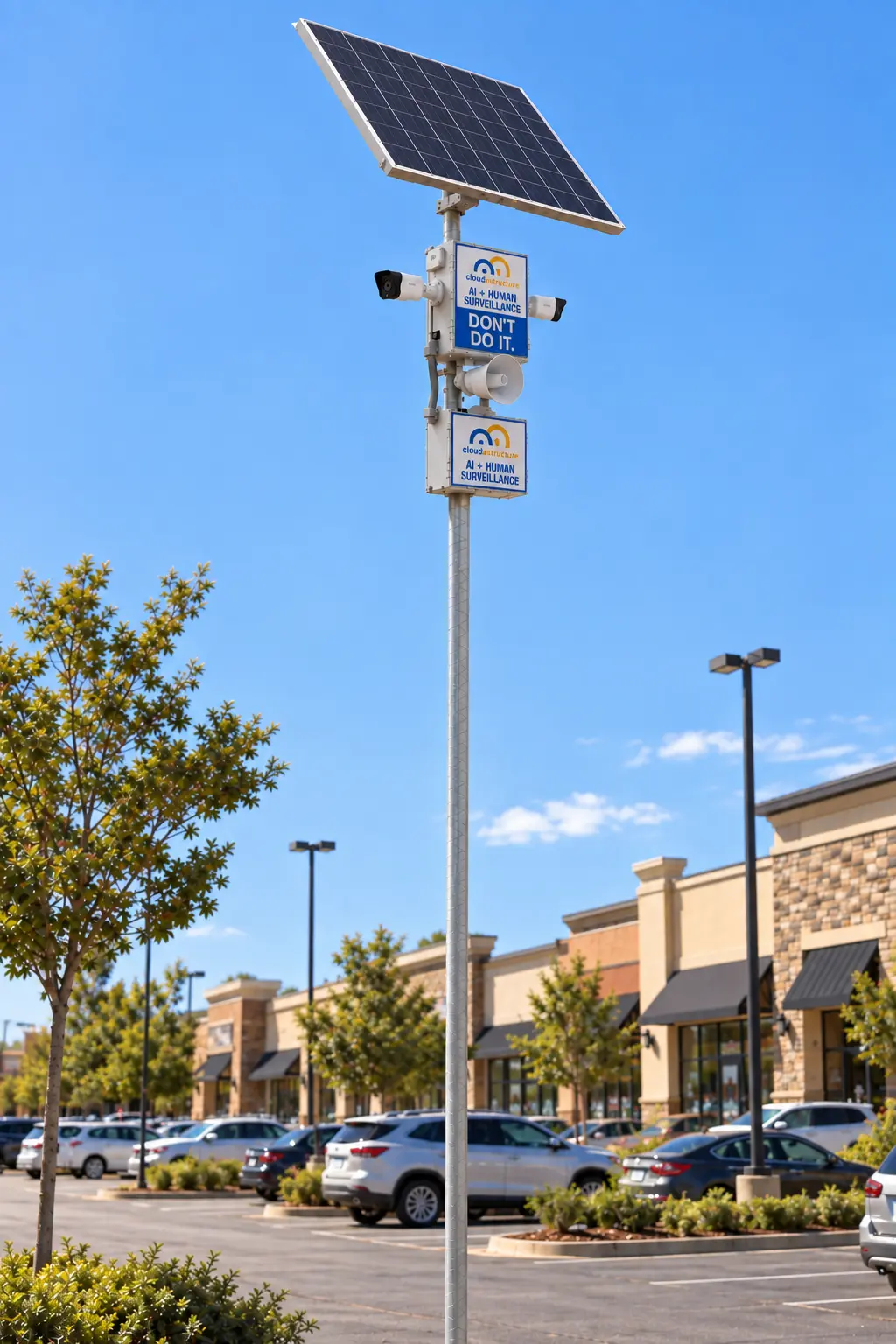 Cloudastructure enclosure pole-mounted overlooking a parking lot