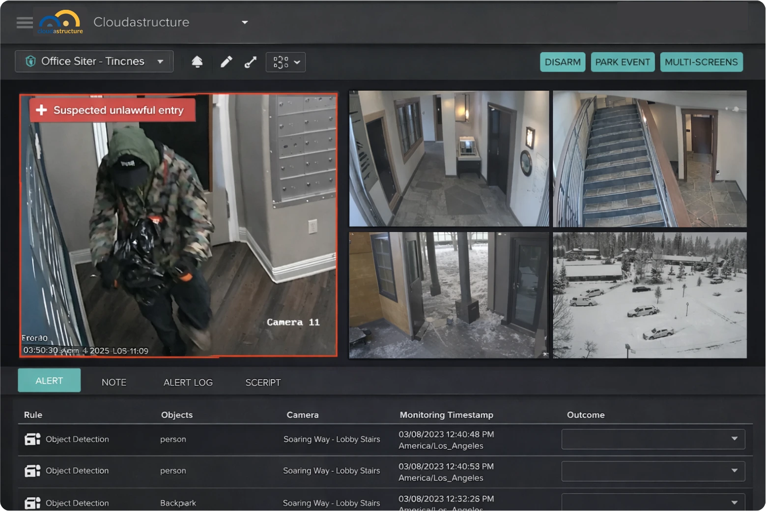 Cloudastructure AI surveillance dashboard — live threat detection