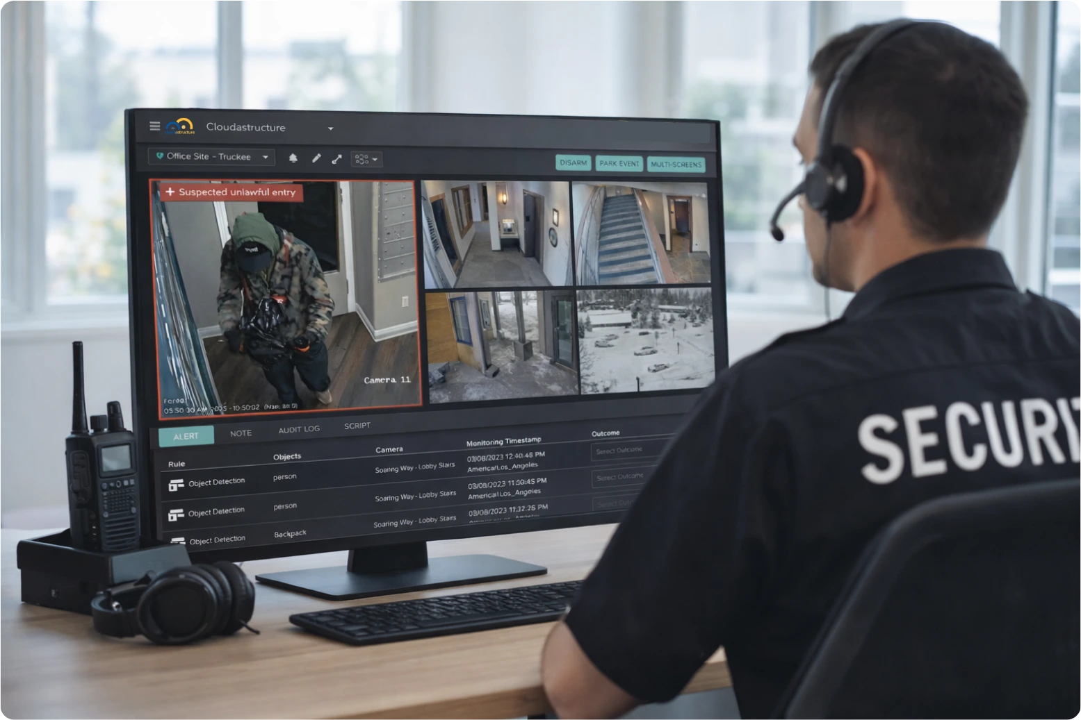 Cloudastructure remote security guard monitoring live feeds