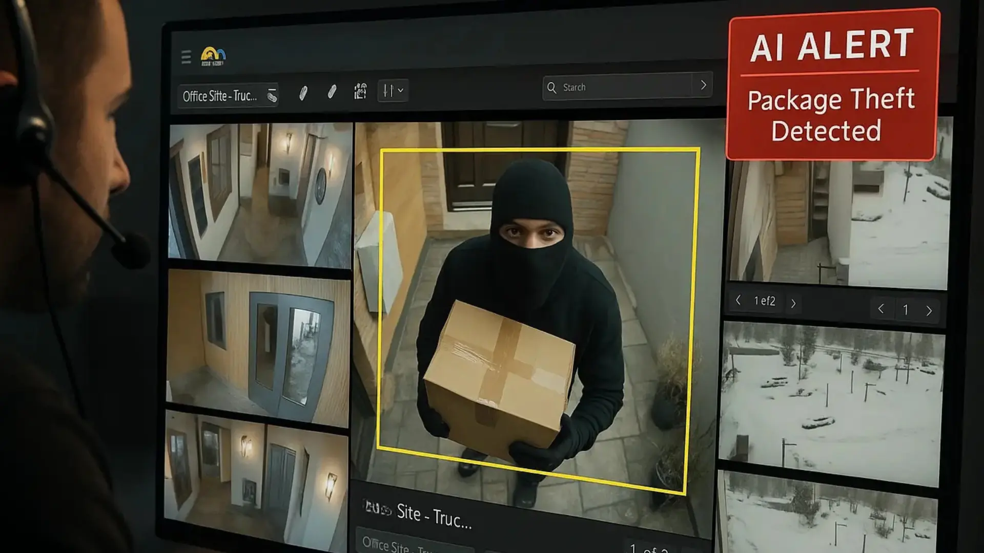 AI video surveillance alert detecting package theft in real time at a residential property entrance.