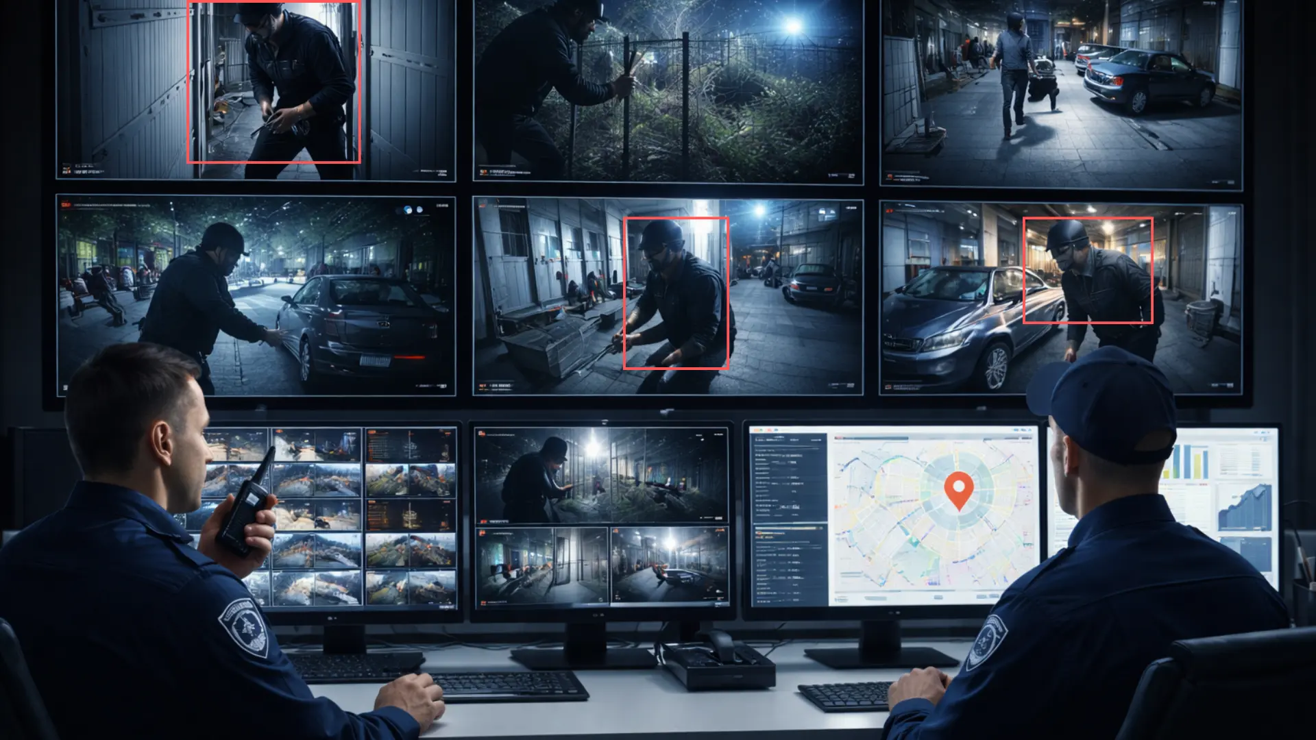 Security operators monitoring multiple live video feeds with AI-detected threats highlighted across a property.