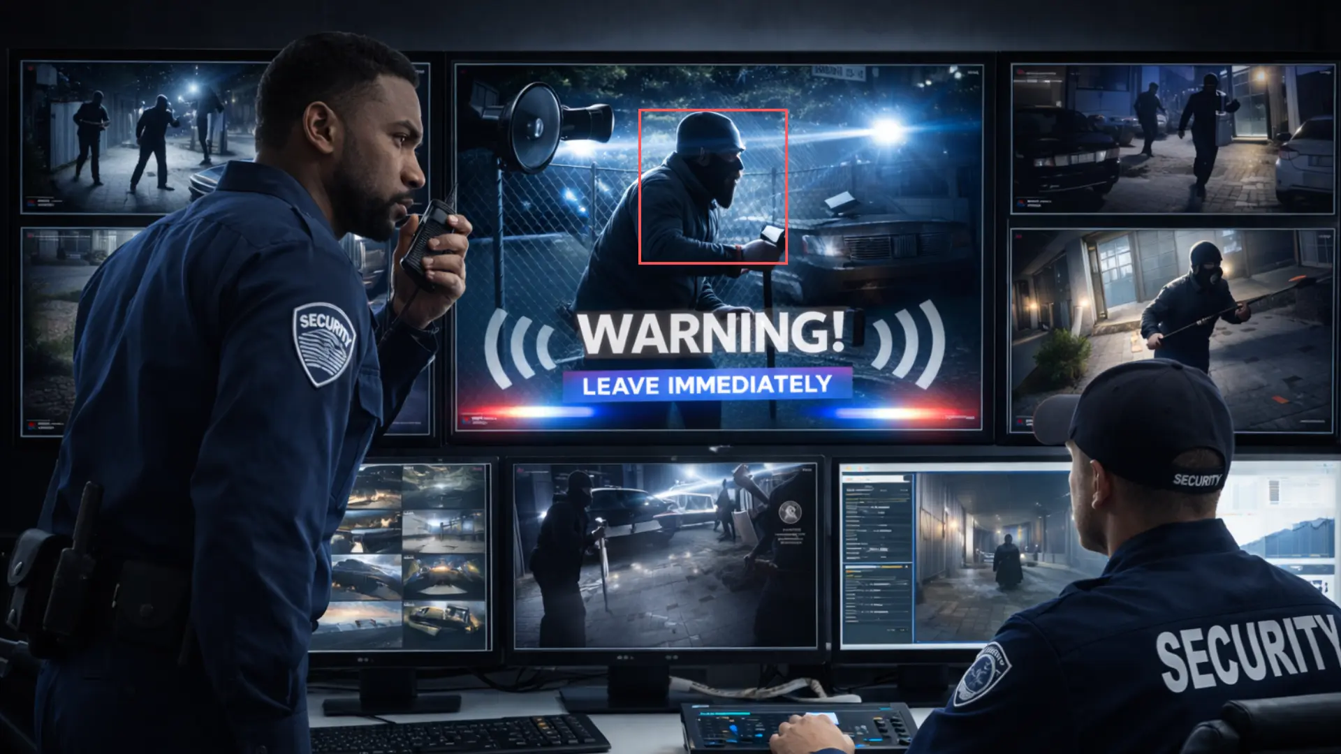 Remote security guards issuing a live audio warning after AI surveillance detects suspicious activity.