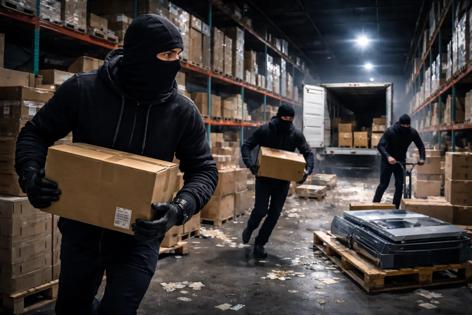 Video surveillance footage showing organized theft inside a warehouse distribution facility.