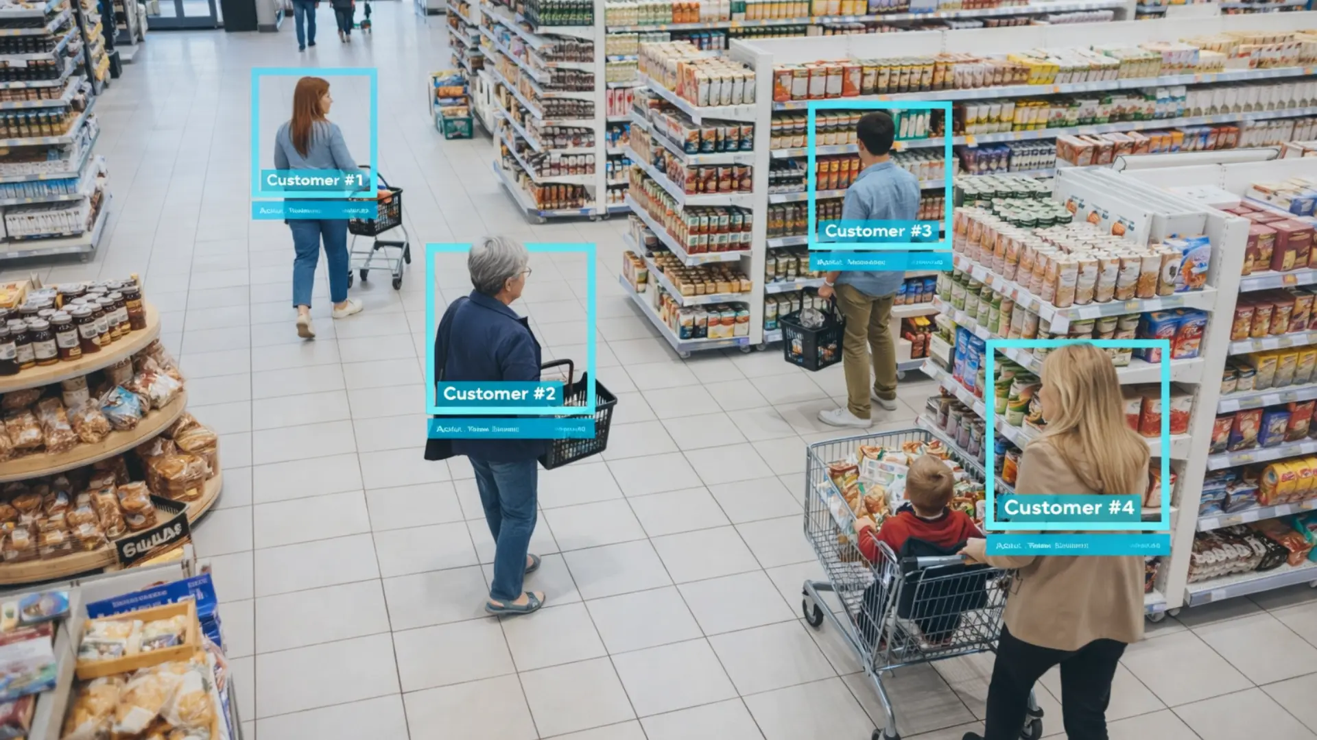 Real-time surveillance system using AI to detect and monitor people across multiple aisles in a retail store.