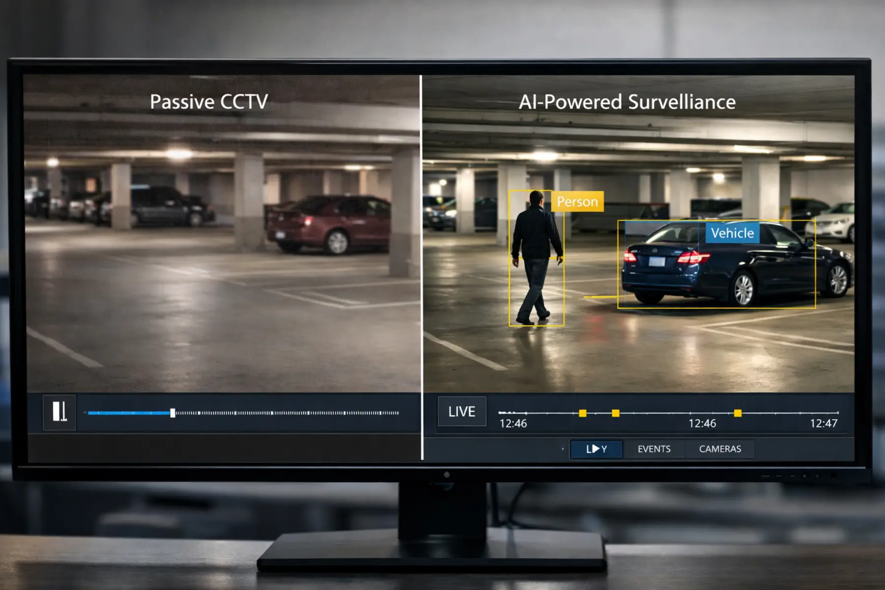 Split-screen monitor showing passive CCTV versus AI surveillance with full vehicle and person detection boxes in a parking garage