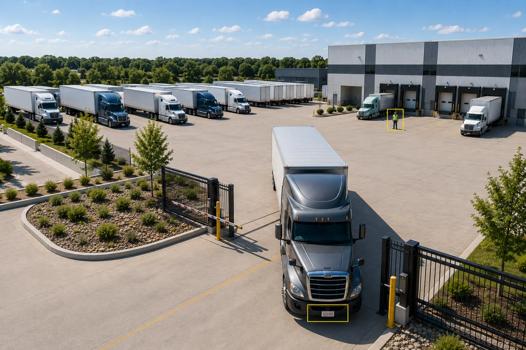 Aerial view of a trucking yard with a semi truck entering through a security gate, AI detection boxes highlighting the license plate and a worker in the lot.