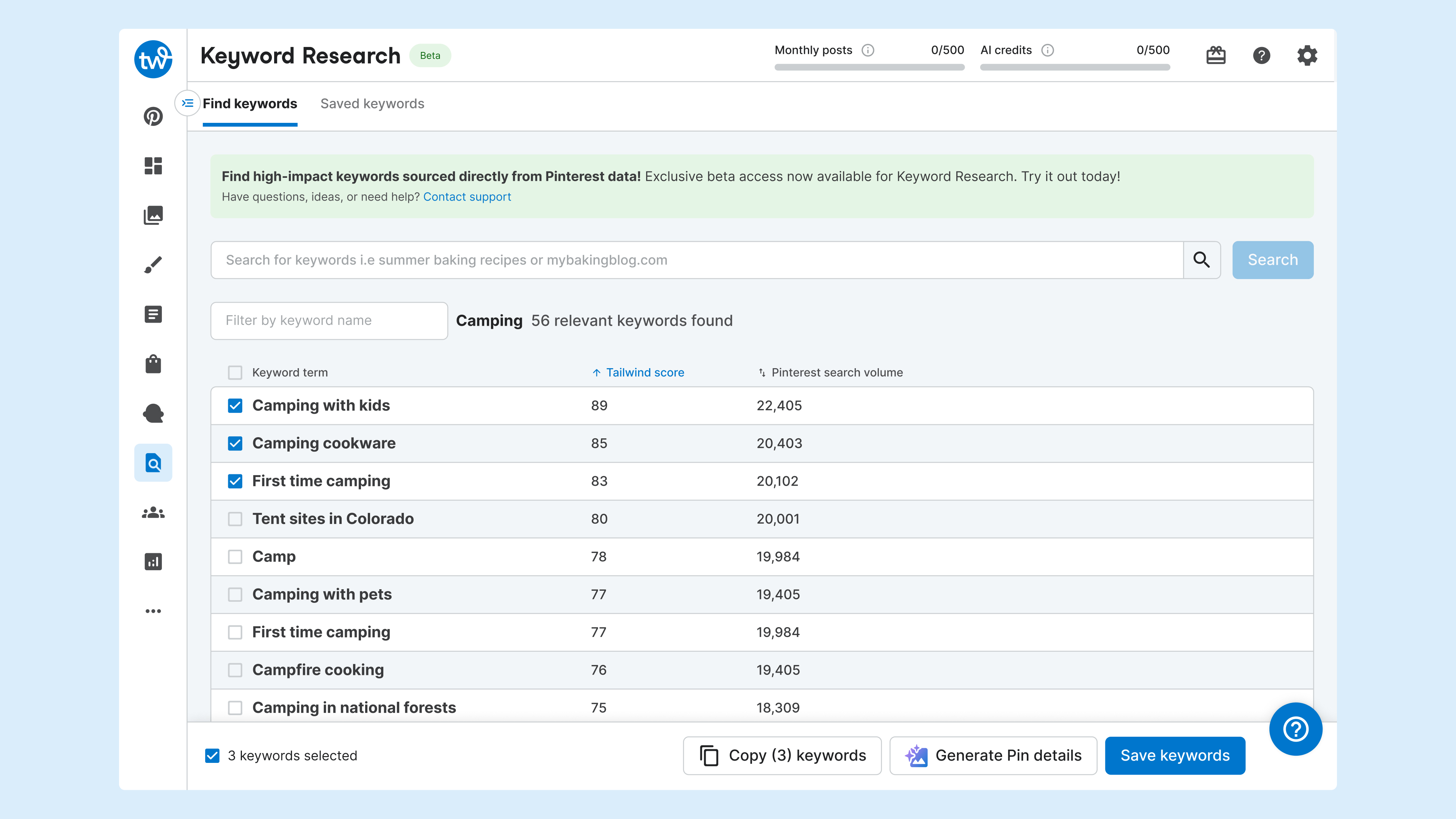 Dashboard UI of the keyword research tool for Tailwind.