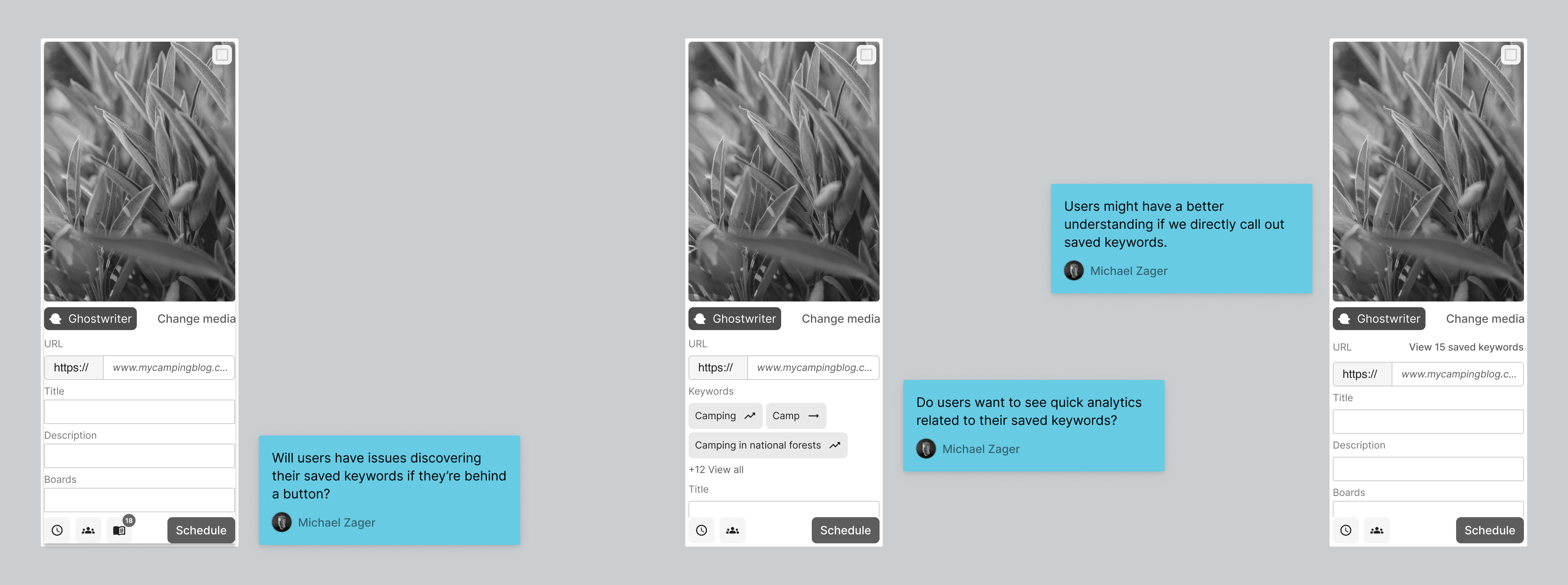 close up of UI elements exploring how keyword research can be integrated in to the Tailwind Pin Scheduler.