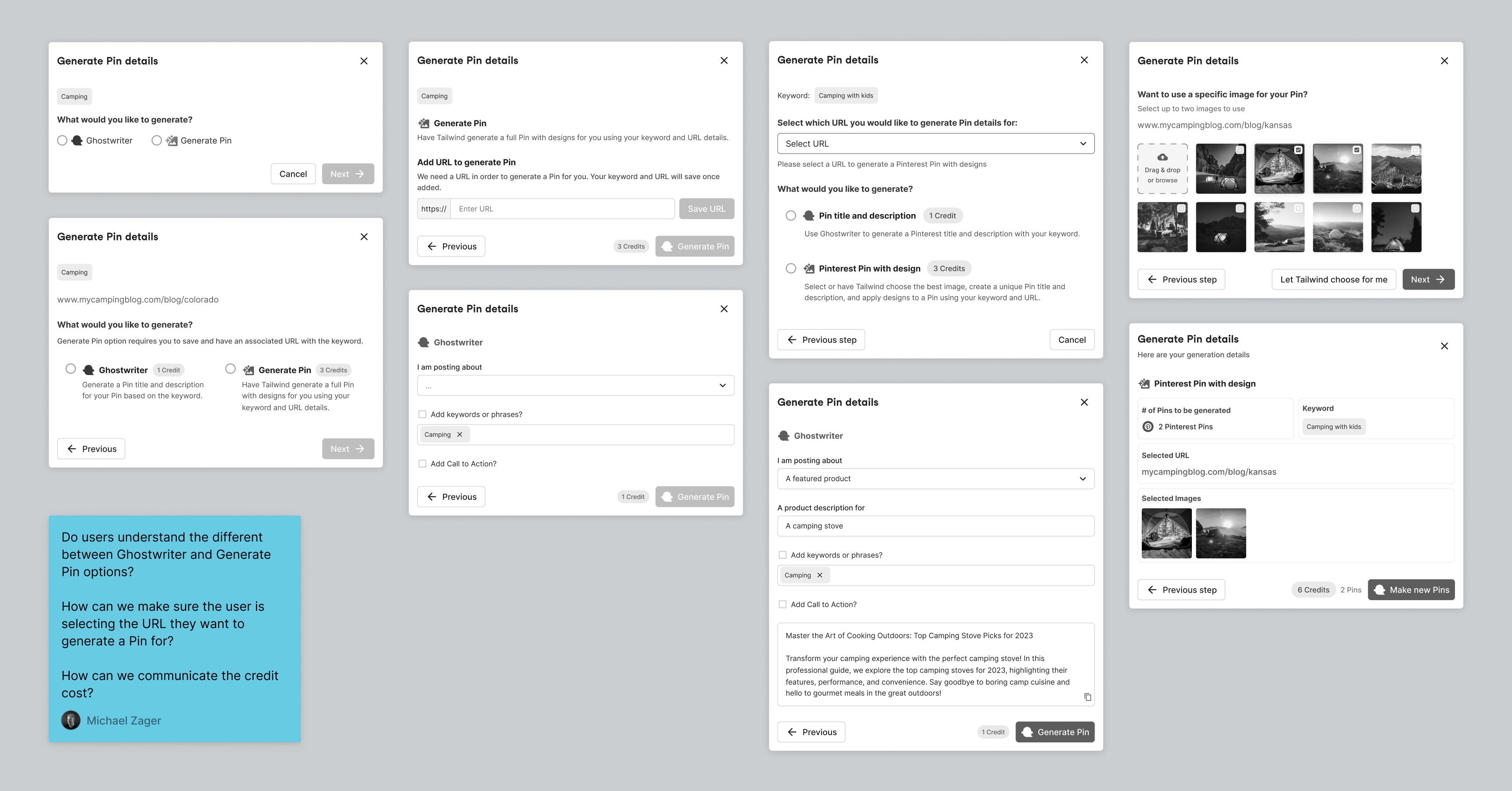 Modal explorations looking at different UI states a user can be while generating Pin details.