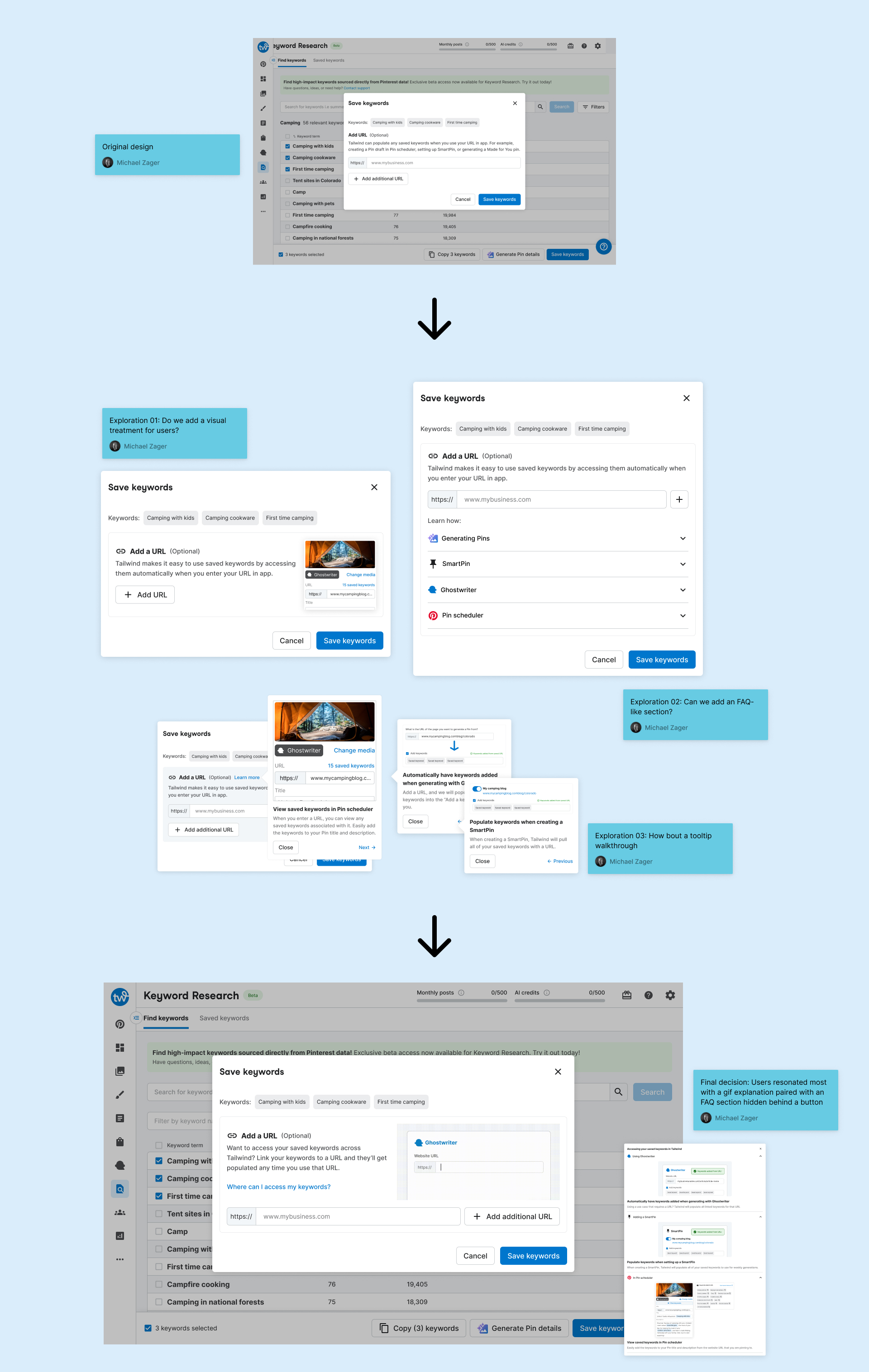 Process image of improvements made to the "Saving a URL" flow that is a part of the keyword research project.