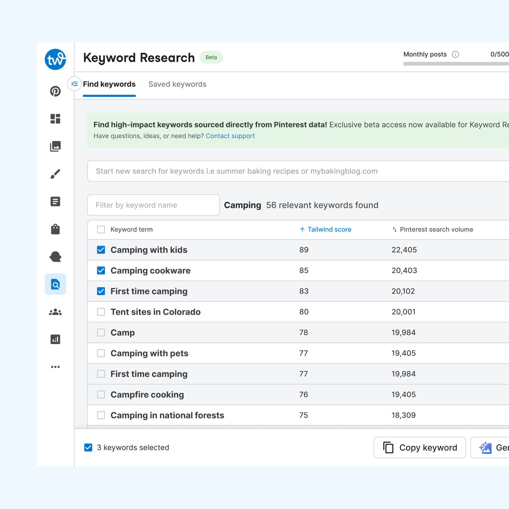 Screen of the main keyword research dashboard