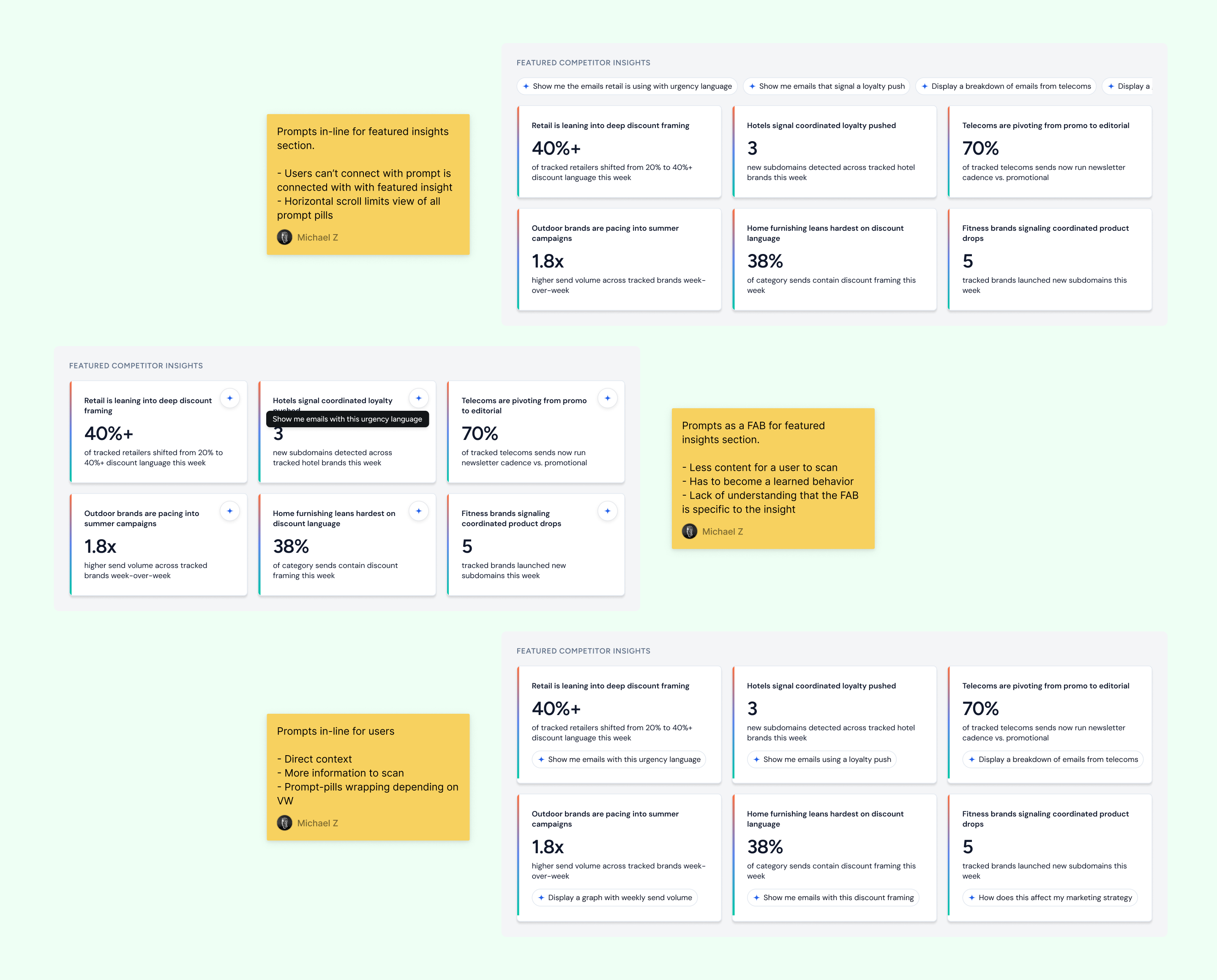 Looking at the exploration of the featured insight card and prompt pill placement.