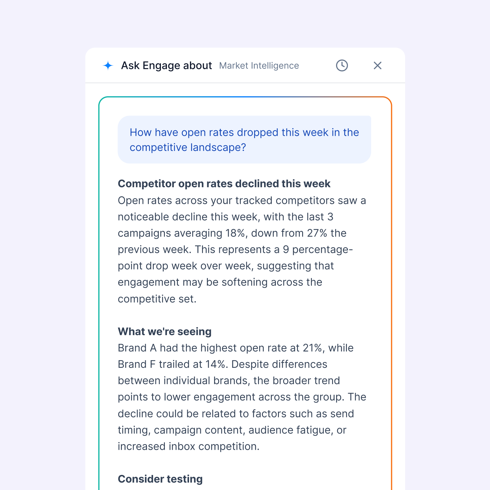 Close-up view of the AskEngage panel that is apart of the Validity Engage platform.