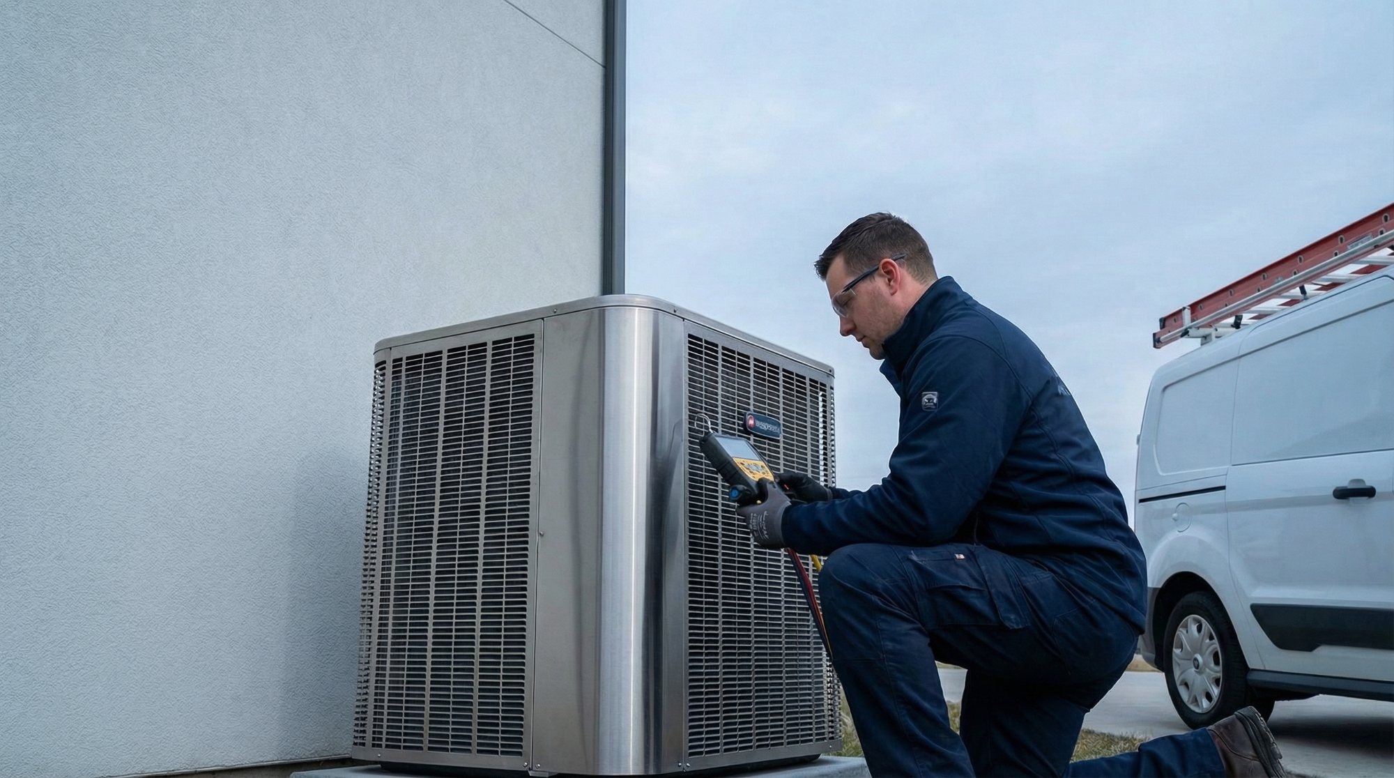 HVAC technician servicing a residential air conditioning unit