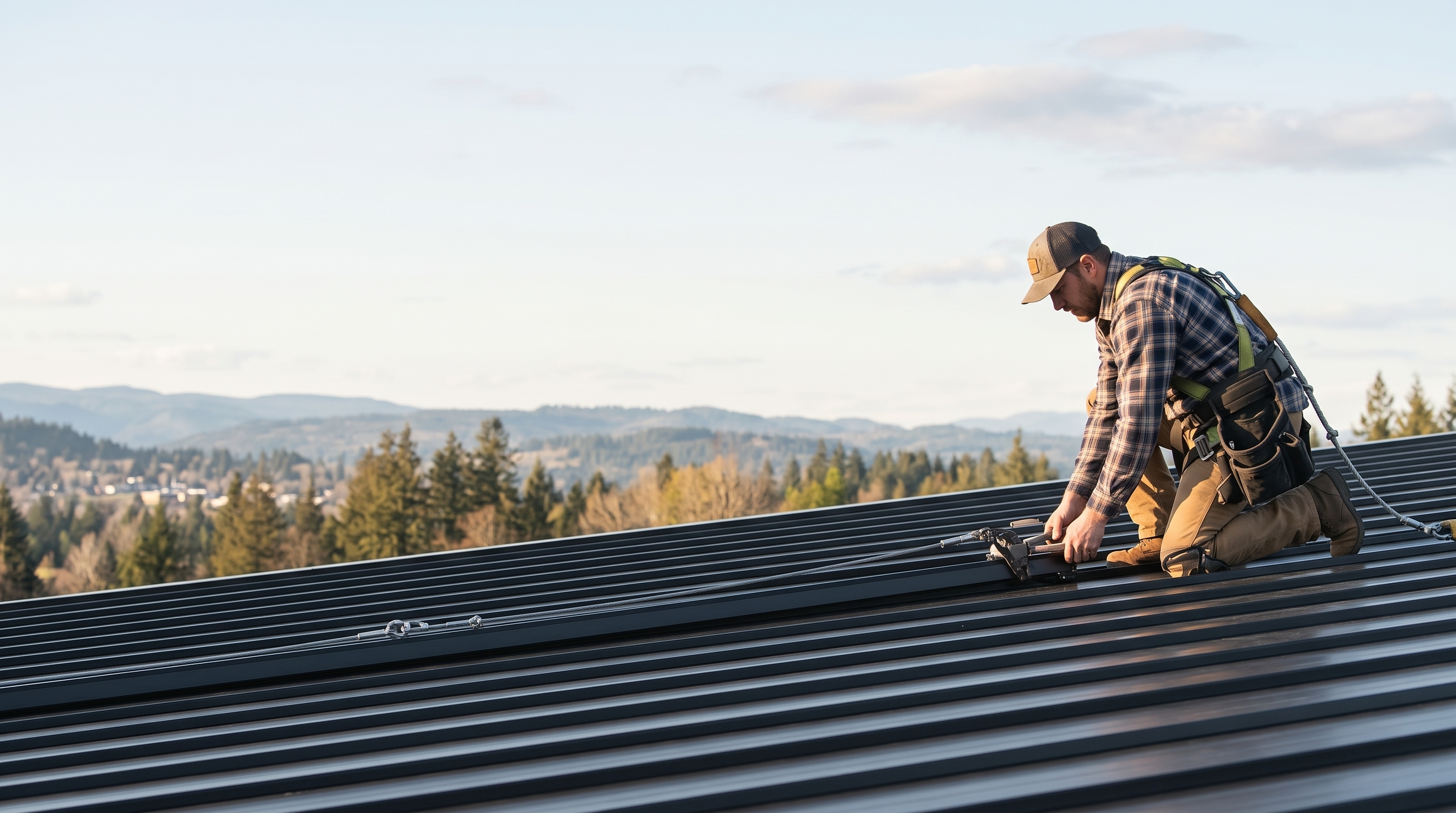 Roofer installing a standing-seam metal roof at sunset