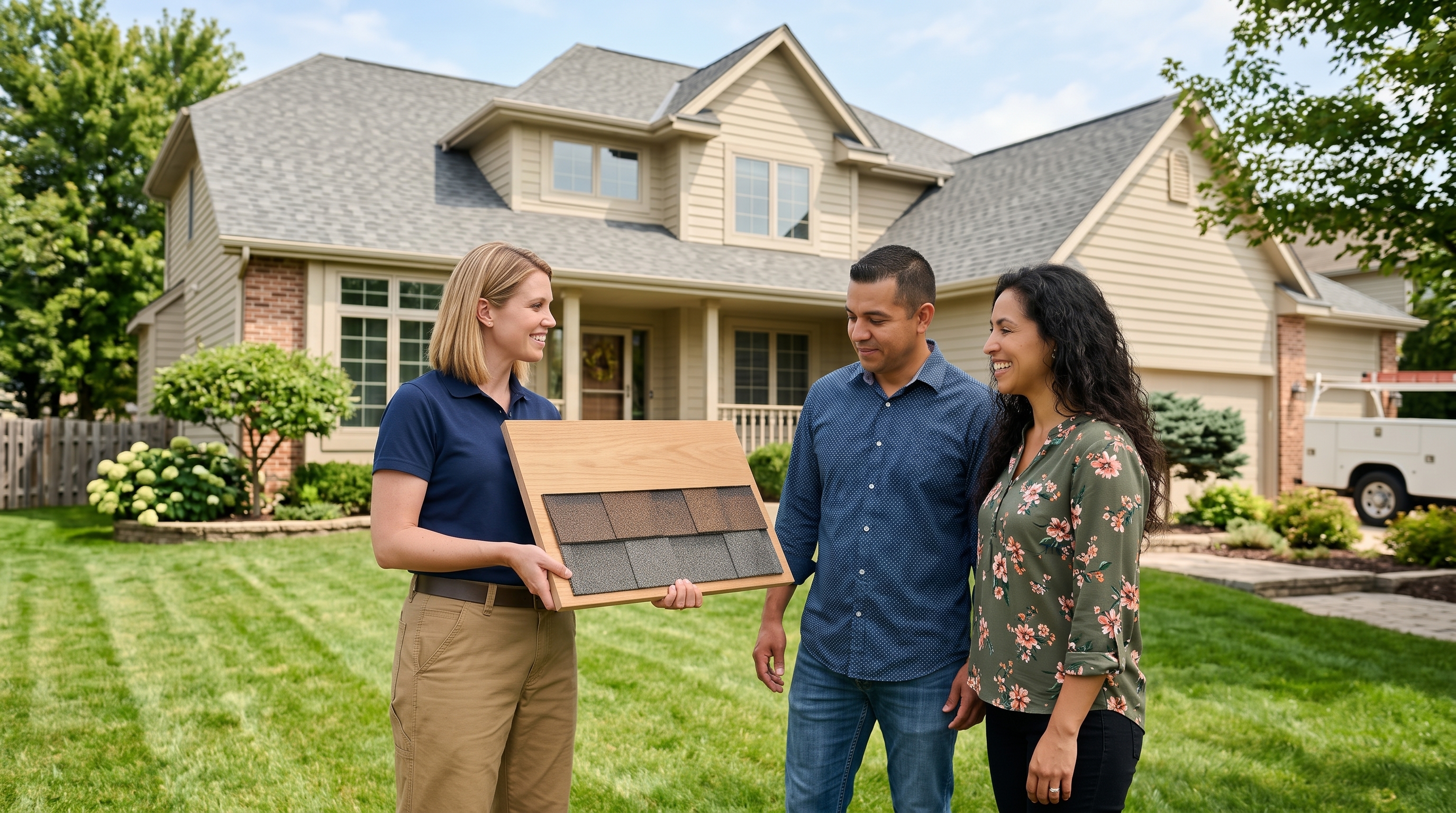 Roofing estimator showing a homeowner a shingle sample board
