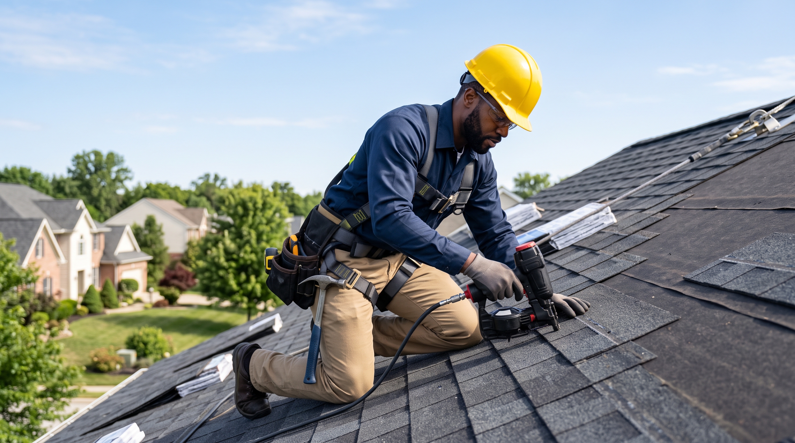 Roofer nailing down asphalt shingles on a residential roof
