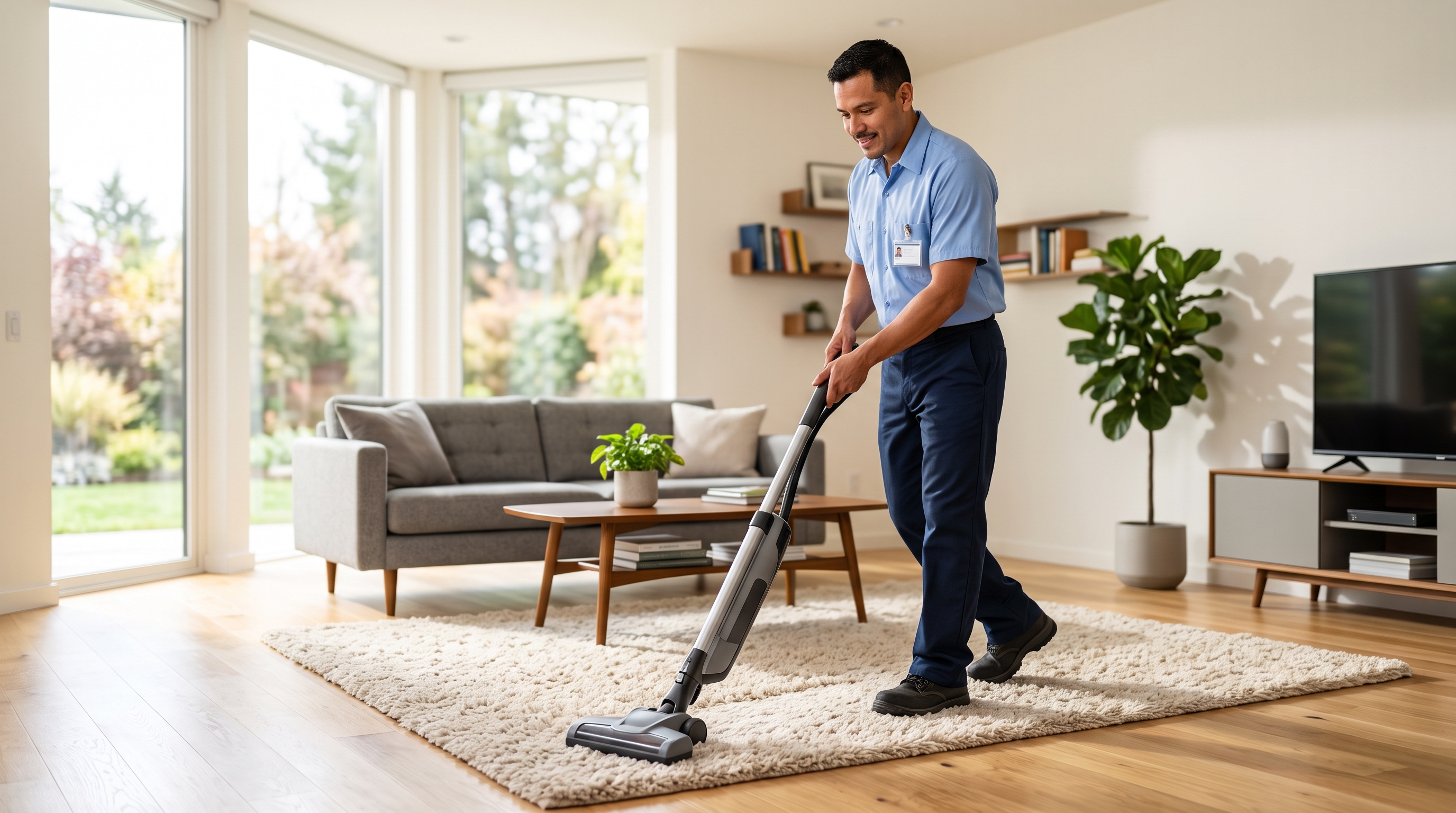 Cleaning technician vacuuming a rug in a living room
