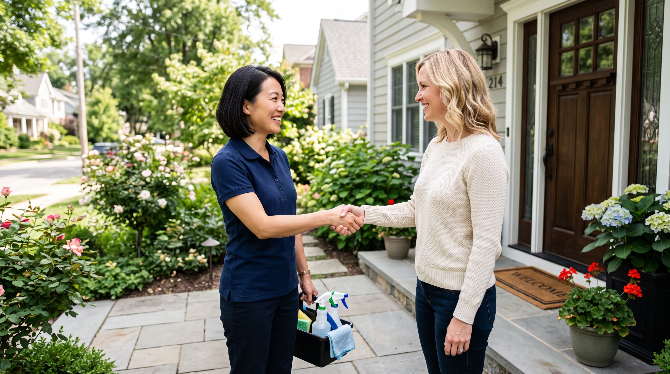 Cleaning company rep shaking hands with a homeowner