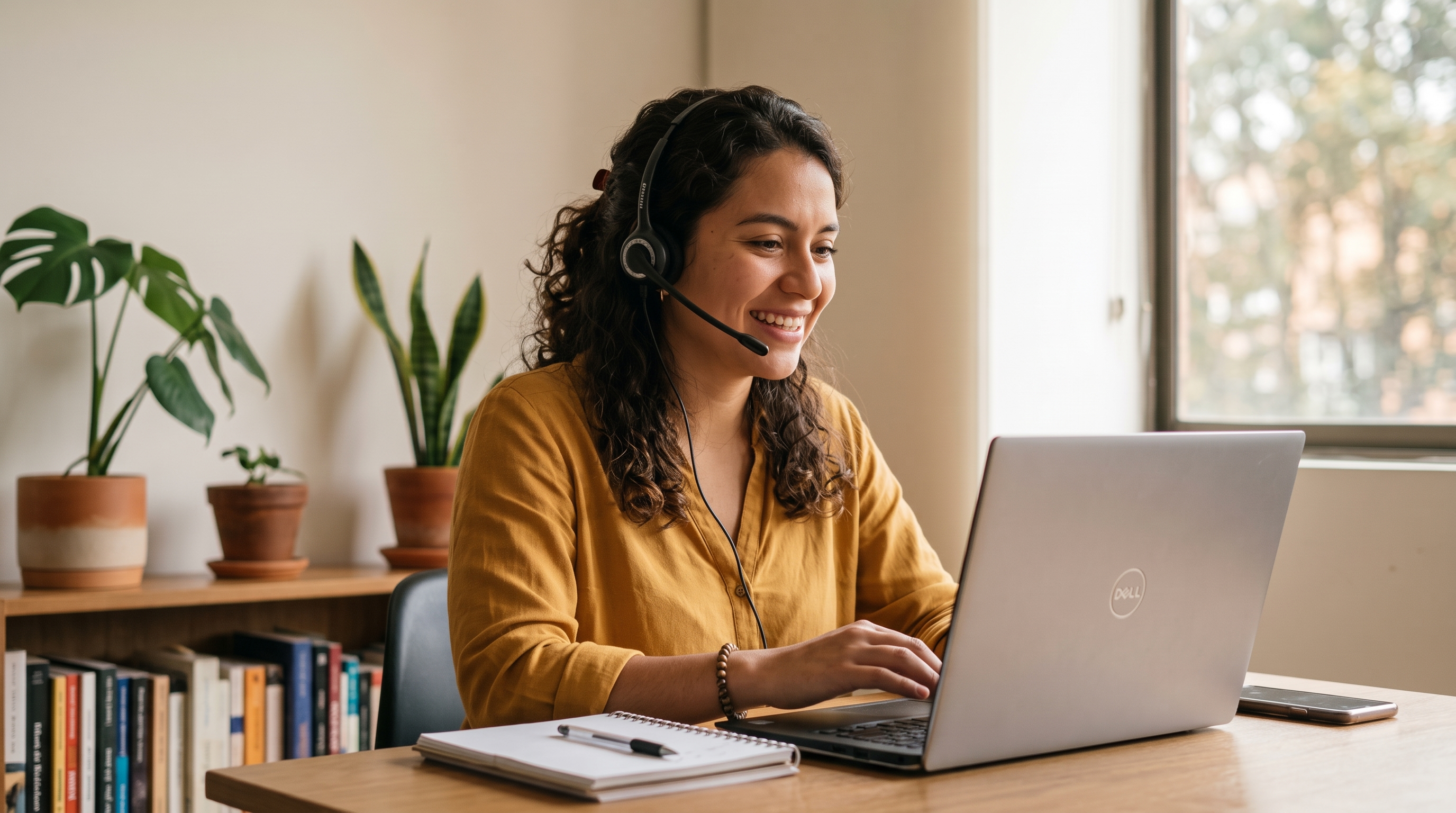 Remote customer service representative wearing a headset