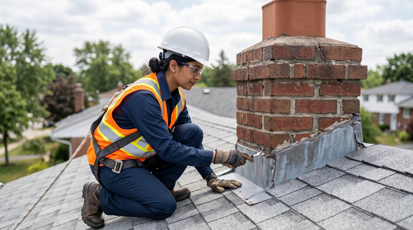 A roofing technician inspects chimney flashing on a residential roof