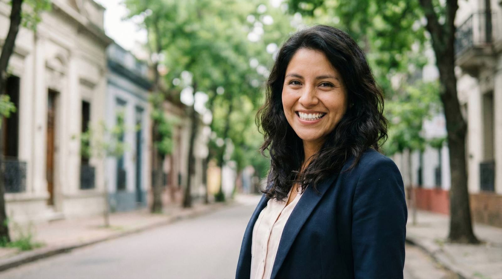 A Hire Bloom team member smiling on a tree-lined street