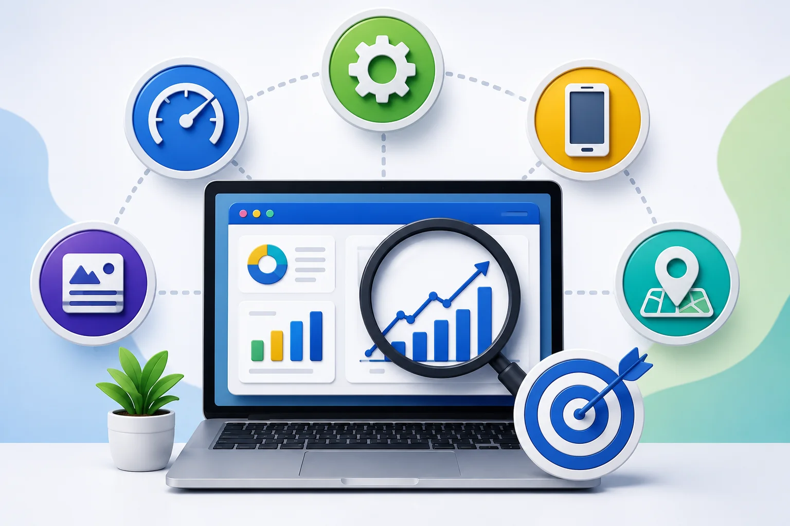Modern digital marketing concept showing SEO analytics, website optimization tools, performance tracking, and search ranking improvements.