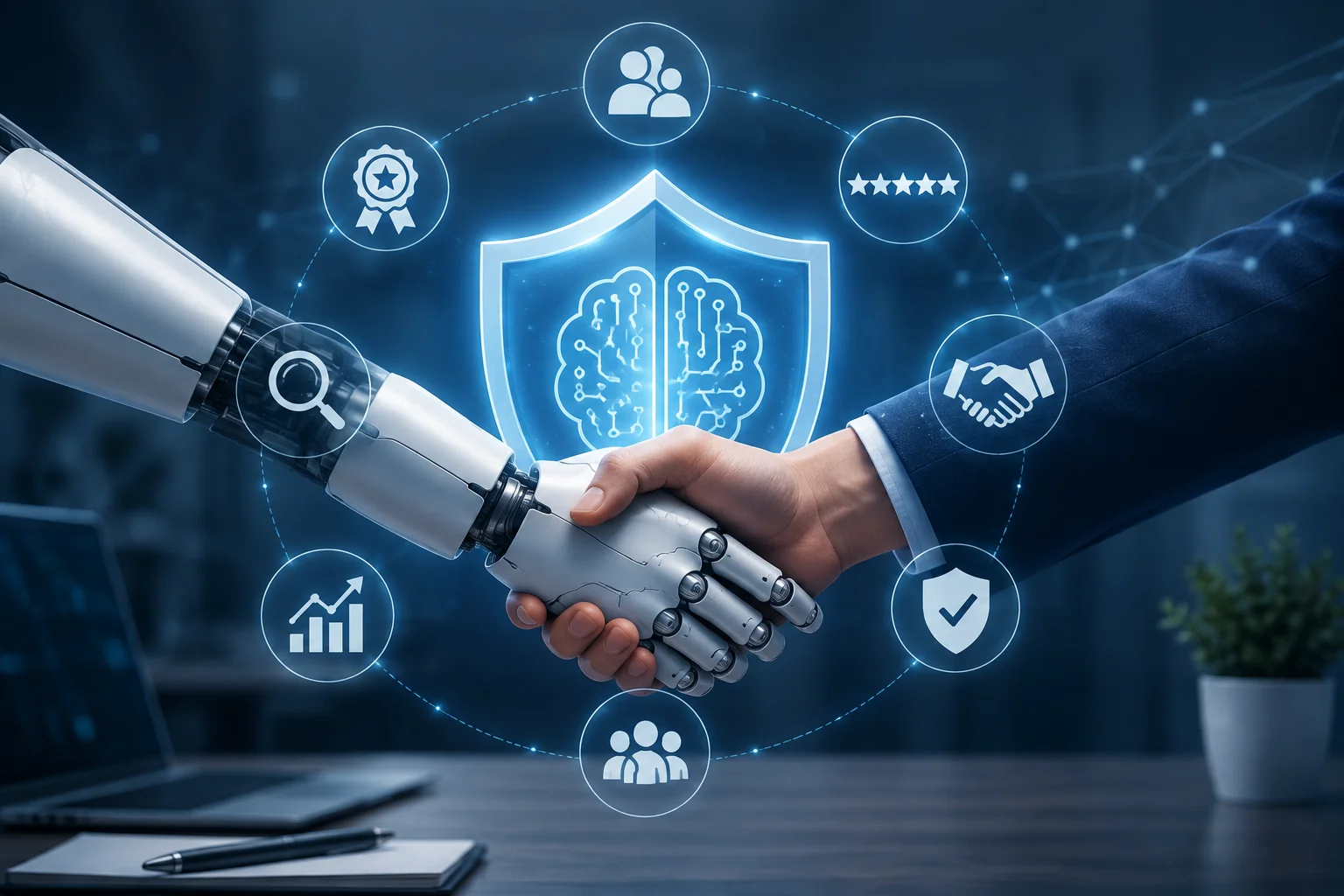 Human and robotic hands shaking in front of a glowing AI trust shield, representing brand credibility, artificial intelligence, digital authority, and AI search optimization.