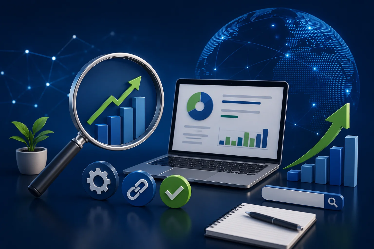 SEO analytics workspace with a laptop displaying performance charts, magnifying glass over rising growth bars, search icons, optimization symbols, and upward arrows representing improved search visibility and website growth