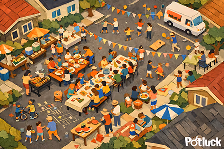 Diverse group of people serving themselves food from a buffet-style table filled with various dishes and a pitcher of iced tea in a communal dining setting.