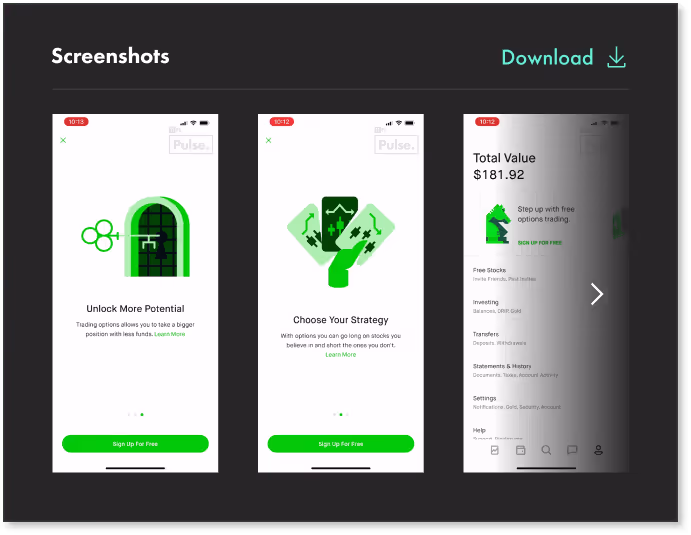Downloadable screenshots of steps in the fintech user journey