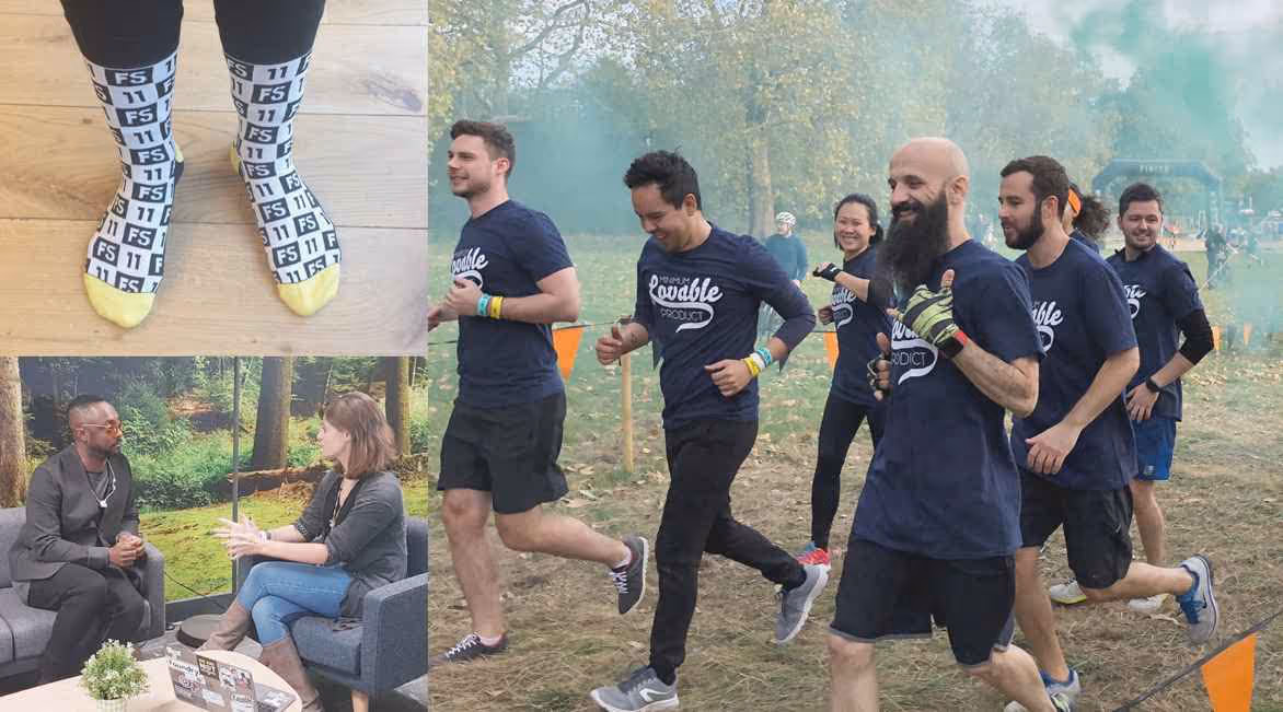 11:FS socks, 11:FS host interviewing will.i.am, 11:FS team members participating in fitness challenge